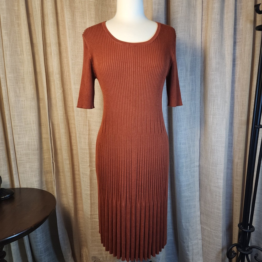 Pink Rose Women 1X Rust Brown Ribbed Knit Short Sleeve Scoop Neck Midi Dress